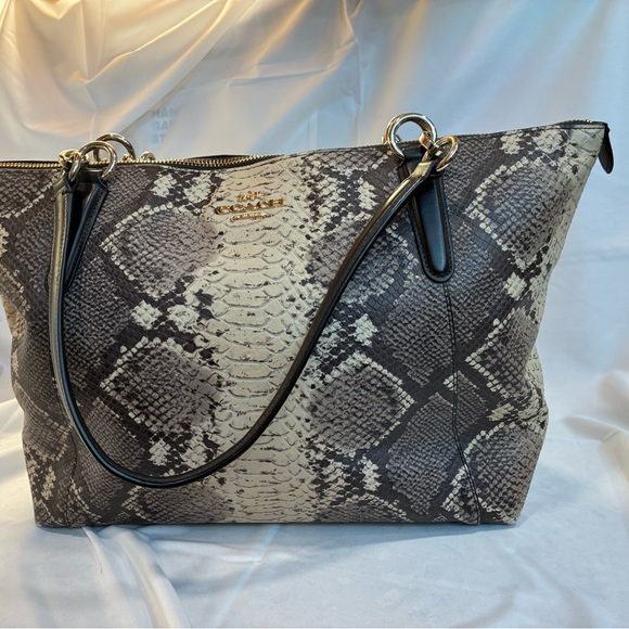 Coach Handbags - Coach Snake-Effect Leather Tote in Black and Cream with Gold Hardware